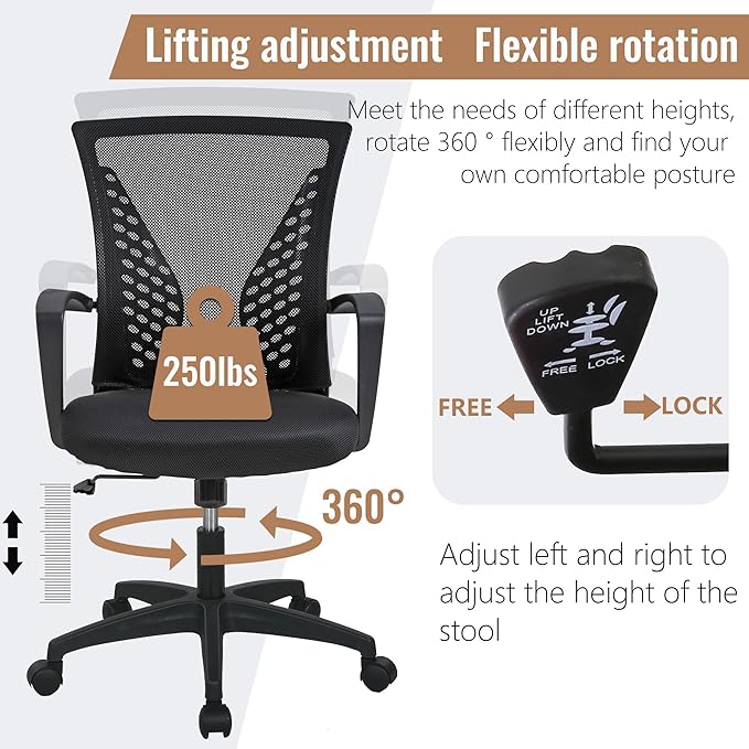 FDW Home Office Chair Mid Back PC Swivel Lumbar Support Adjustable Desk Task Computer Ergonomic Comfortable Mesh Chair with Armrest (Black)