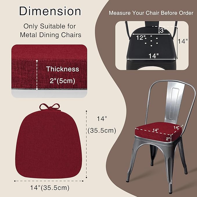 OVOV 14x14 Chair Cushions for Metal Dining Chairs Set of 2 Non Slip Thick Textured Chair Pads for Dining Chairs with Ties and Removable Cover (2, Red)