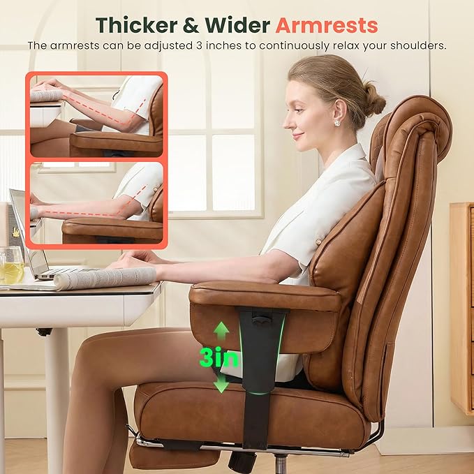 500lbs Big and Tall Office Chair Adjustable Lumbar Support, Extra Wide Seat Ergonomic Gaming Chair with Footrest, Heavy Duty High Back Executive Leather Computer Desk Chair (Brown)