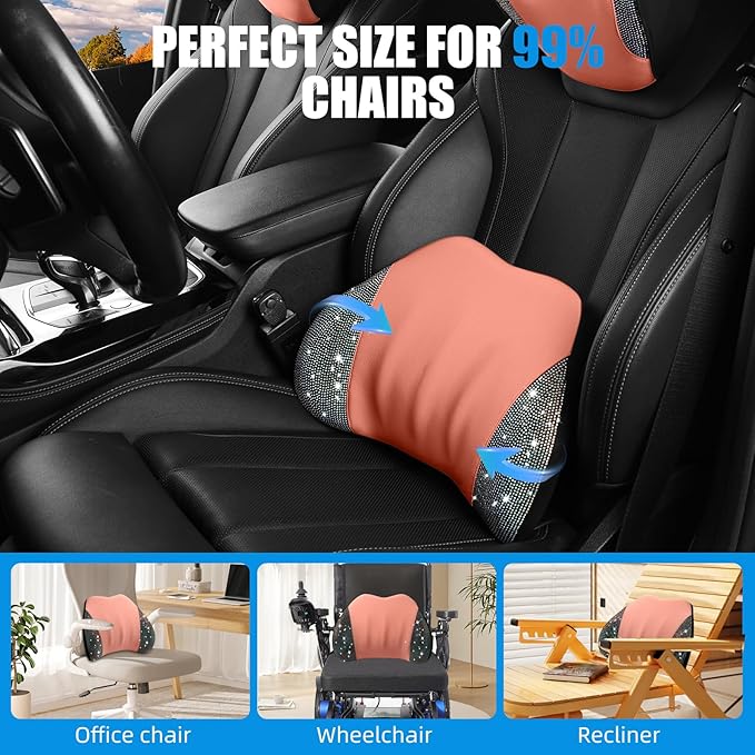 Lumbar Support Pillow with Diamond, Memory Foam Lumbar Pillow for Office Chair for Lower Back Pain Relief, Car Lumbar Support for Driving Seat, Back Support Pillow for car Chair (Pink)