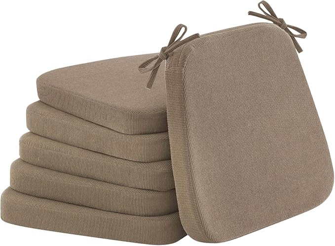 2'' Thick High-Density Foam Indoor Chair Cushions | Dining Chair Pads with Ties, Removable Washable Cover, Kitchen Chair Cushions 17"x16",Light Brown 6 Pack