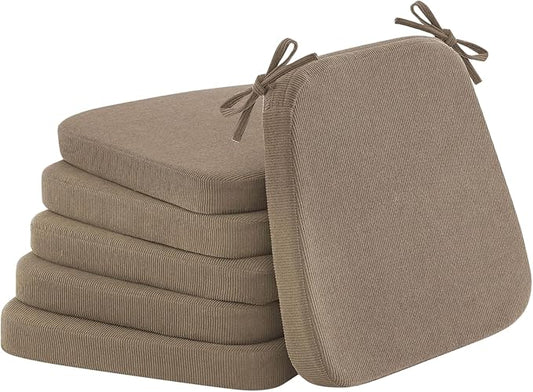 2'' Thick High-Density Foam Indoor Chair Cushions | Dining Chair Pads with Ties, Removable Washable Cover, Kitchen Chair Cushions 17"x16",Light Brown 6 Pack