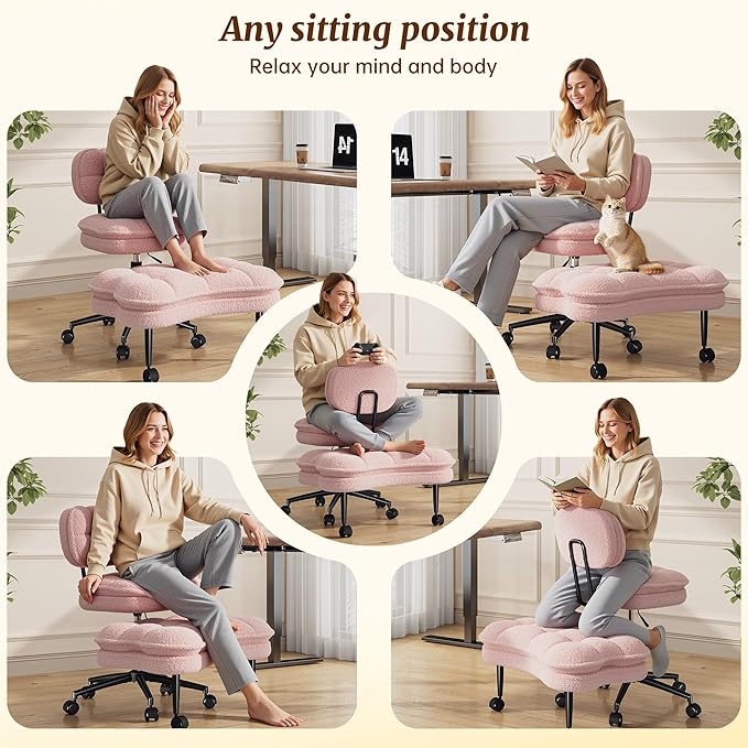 DurayLoly Ergonomic Criss Cross Office Chair, Swivel Chair with Wheels & Backrest, Comfy Office Chair with Foot Rest for ADHD, Height Adjustable, Thicken Cushion, Teddy Fabric, Light Pink