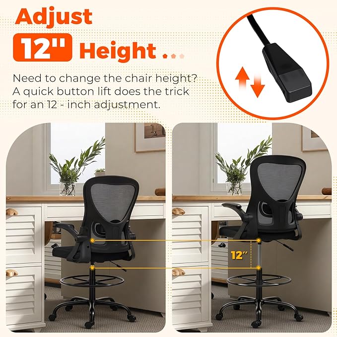 ECOTOUGE Tall Office Chair, Breathable Mesh Drafting Chair with Flip-up Armrests, Ergonomic Computer Standing Desk Chair with Adjustable Footrest Ring and Lumbar Support, Black