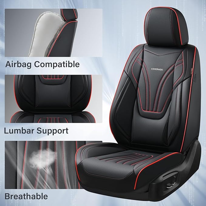 Coverado Car Seat Covers Front Seats, 2 Piece Car Seat Protector with Lumbar Support & Removable Headrest, Breathable Leather Seat Cushion Universal Fit for Truck Automotive Vehicles Black & Red