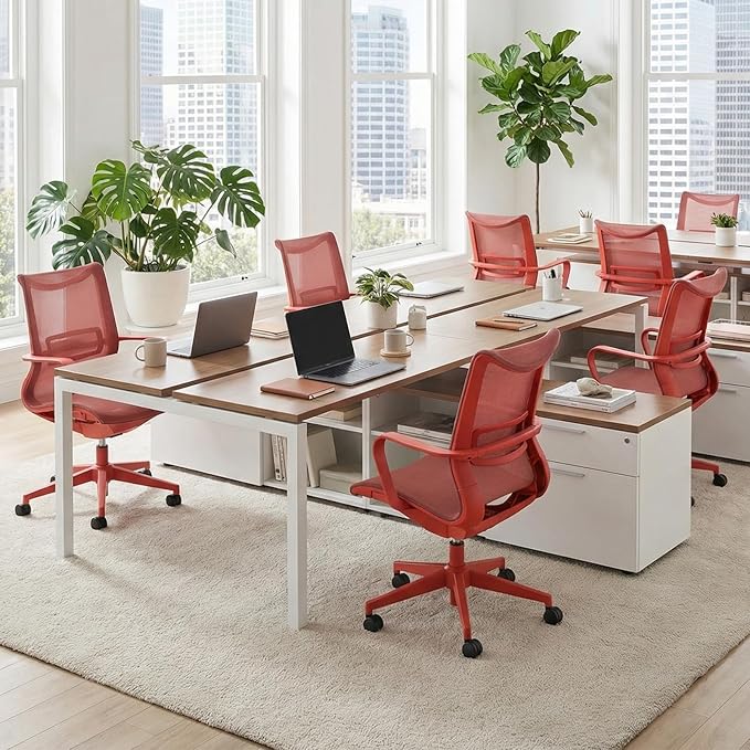 LuxErgo Ergonomic Mesh Office Chair, Mid Back Desk Chair with Lumbar Support & Armrests, Height Adjustable, 115° Recline, 360° Swivel Rolling Task Chairs for Home Office, Red