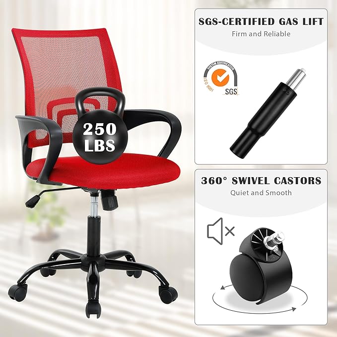 MKDLUFEI Office Chair, Ergonomic Cheap Desk Chair with Lumbar Support, Adjustable Mid Back Task Rolling Swivel for Home Office Student, Adults,Study, Red