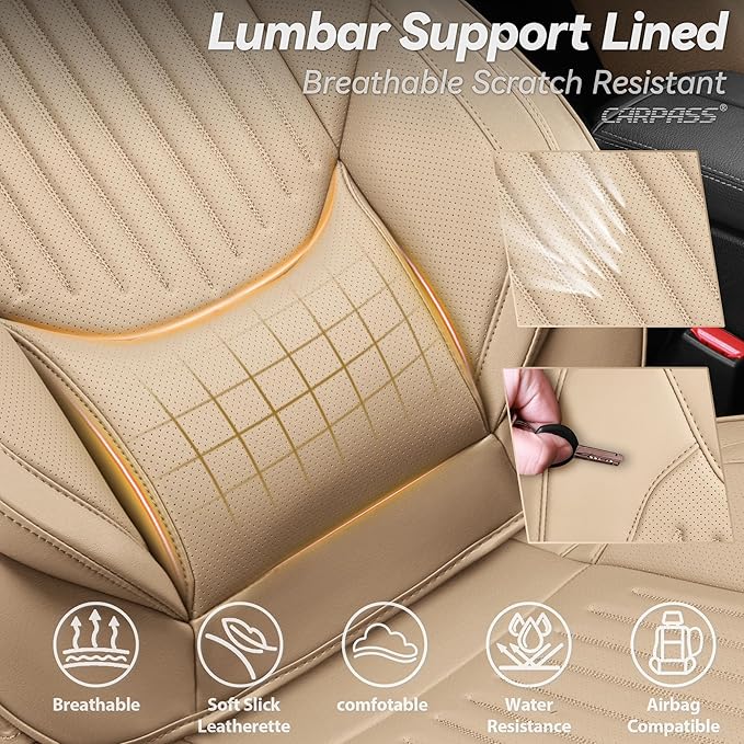 CAR PASS Luxury Nappa Leather Car Seat Covers Full Set, Lumbar Support Seat Covers for Car 5 Seats, Waterproof Car Seat Protector, Automotive Seat Covers Universal Fit for Most Sedans SUV Trucks Beige
