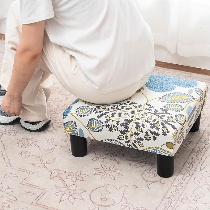 Joveco Small Foot Rest Stool Ottoman, Square Upholstered Fabric Footstool for Couch, Under Desk, Office, Living Room, Blue Floral