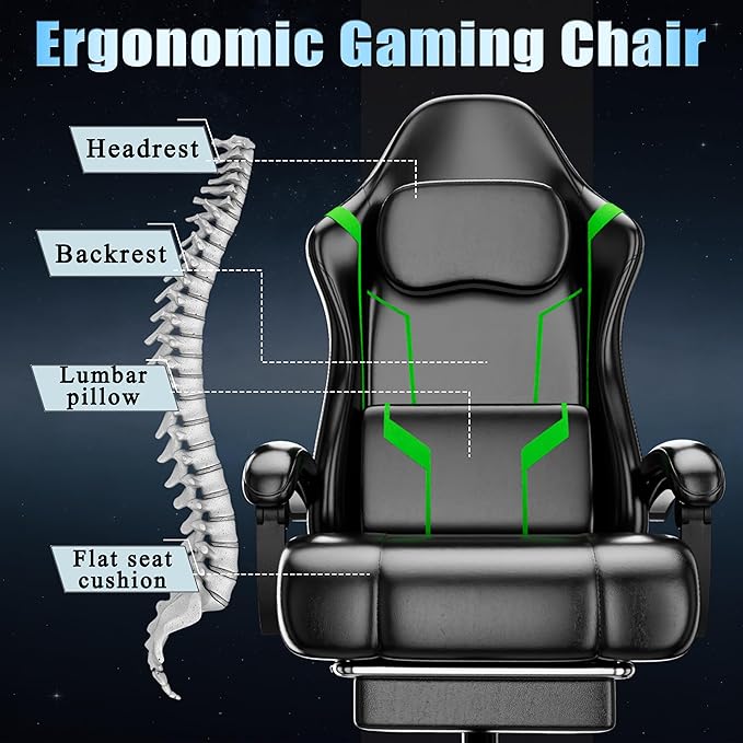 Ergonomic Gaming Chair, Video Game Chair with Pocket Spring Cushion and Footrest, Height Adjustable Computer Chair with Swivel Seat and Headrest (Green)