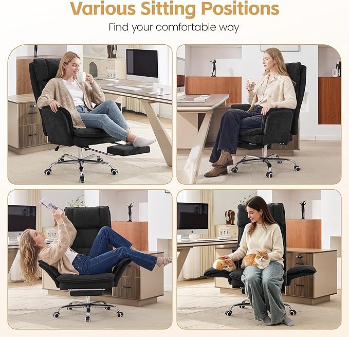 Big and Tall Office Chair, Cloud Reclining Office Chair with Footrest & Flip Armrest for Pets, Executive Ergonomic Criss Cross Desk Chair, Swivel Gaming Chair with Lumber Pillow, Chenille Dark Black