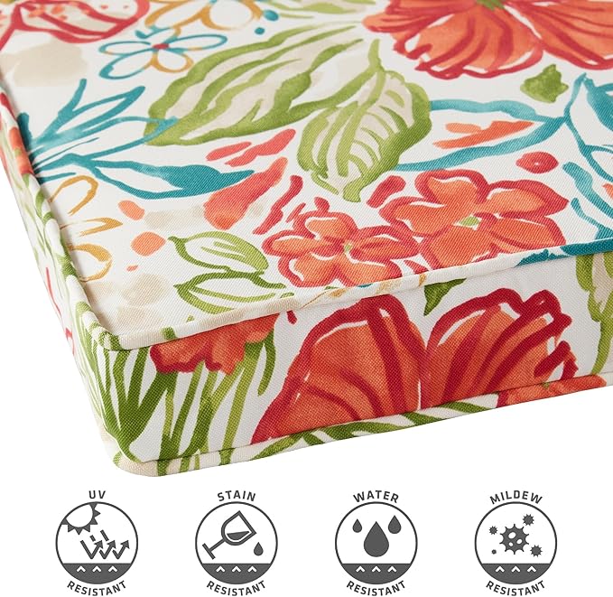 Outdoor 18 inch Square Patio Dining Chair Pads – Comfortable Fiber-Filled Seat Cushions with Ties, Reversible Polyester Fabric - Breeze Floral, Set of 2