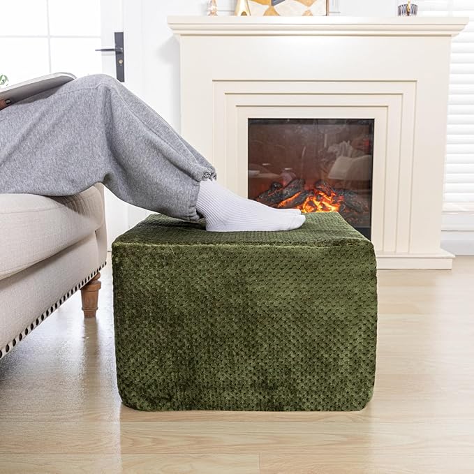 Furry Square Pouf Ottoman – 20"x14" One-Piece Seamless Integral Foam Foot Stool Ottoman Foot Rest Living Room Bedroom Under Desk (Green)