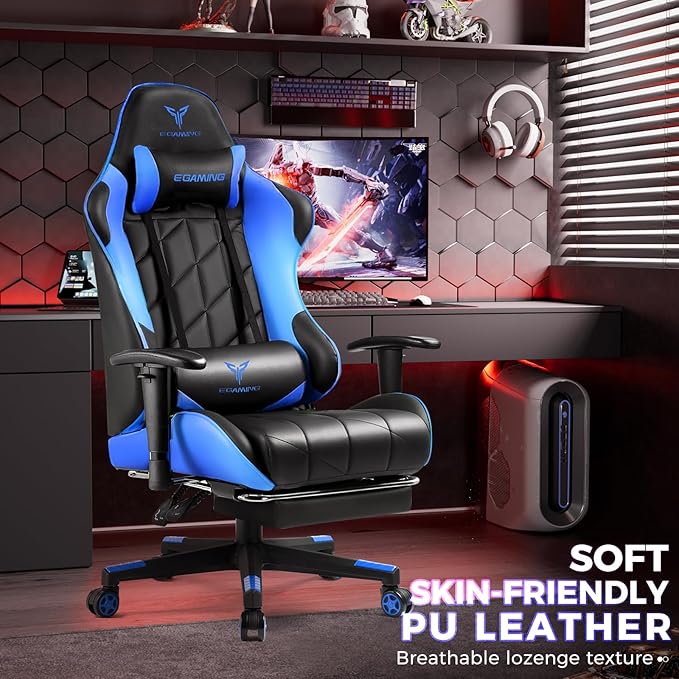 Gaming Chair, Big and Tall Video Game Chair with High Back PU Leather, Home Office Ergonomic Computer Chair with Footrest, Adjustable Height, 360° Swivel Wheels for Adults and Teens