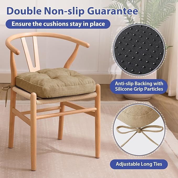 IASEAHK Chair Cushions for Dining Chairs, Dining Chair Cushions, Tufted Indoor Chair Pads with Ties & Non Slip Backing, Seat Cushions for Kitchen Chairs 16.5” x 16.5” x 3.5”, Set of 4, Khaki