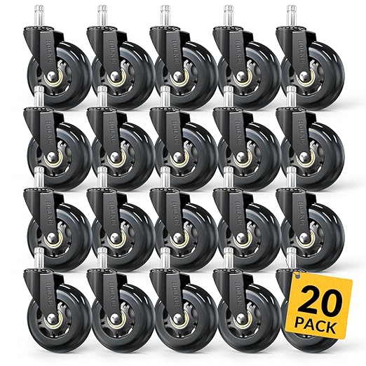 HOLKIE Office Chair Wheels Roller Blade Caster 11x22mm All Black 3 Inch Chair Wheels for Office Rubber Rolling Set of 20 for Carpet Hardwood Floors Gaming Smooth & Silence Gliding