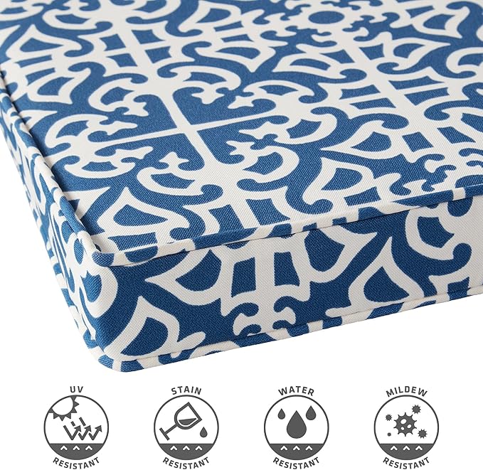 Outdoor 18 inch Square Patio Dining Chair Pads – Comfortable Fiber-Filled Seat Cushions with Ties, Reversible Polyester Fabric - Indigo Blue Lattice, Set of 4