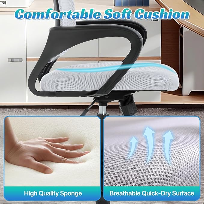 Ergonomic Office Chair Mesh Mid Back with Lumbar Support Armrest, Adjustable Home Desk Chair Comfy Computer Task Drafting Rolling Swivel Chairs for Gaming, Home Work, Study, White