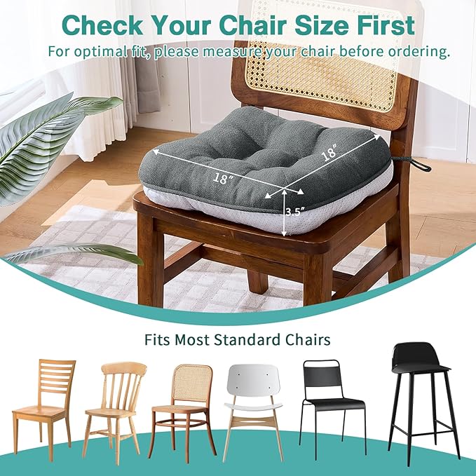 BETU Chair Cushions for Dining Chairs,3.5" Thick Kitchen Table Chair Pads with Ties,Non Slip Backing and Covers,Seat Cushion for Dining Room,Bar,Patio Chairs,18"X18"X3.5"