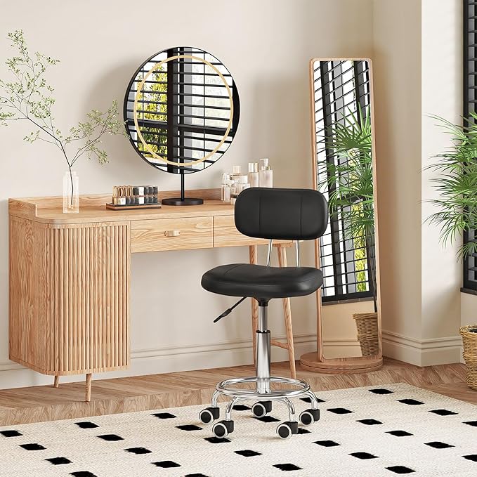 HOOBRO Height Adjustable Rolling Stool, 360° Swivel Drafting Chair with Backrest, Office Desk Chair PU Leather for Salon Barber, Shop Bar, Black and Silver SB36BY01