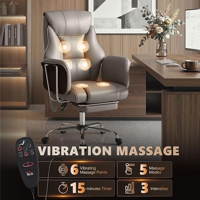 HOMCOM Massage Office Chair with 6-Point Vibration, Overstuffed Reclining Desk Chair with High Back, PU Leather, Footrest, Thick Spring Cushion, Lumbar Support, Grey