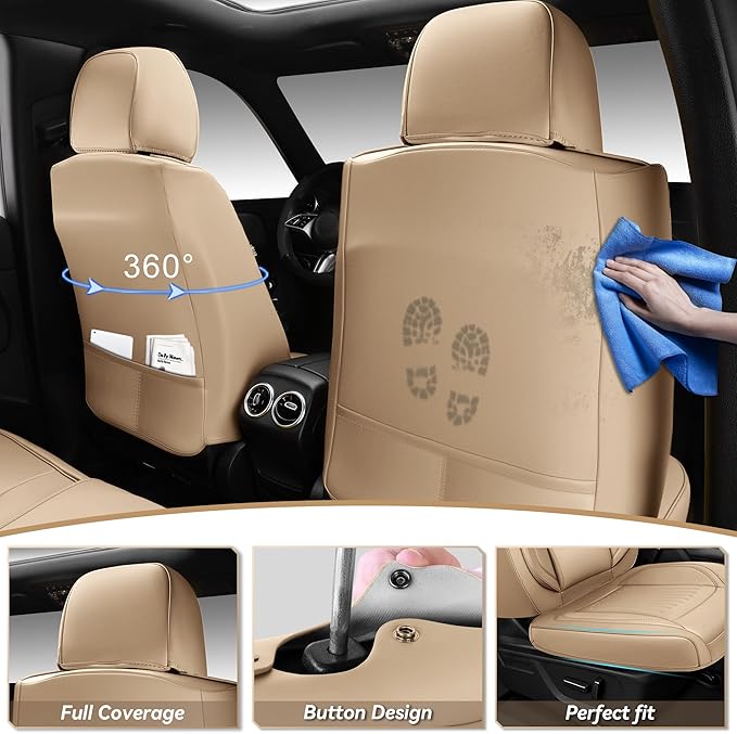 CAR PASS Luxury Nappa Leather Car Seat Covers Full Set, Lumbar Support Seat Covers for Car 5 Seats, Waterproof Car Seat Protector, Automotive Seat Covers Universal Fit for Most Sedans SUV Trucks Beige