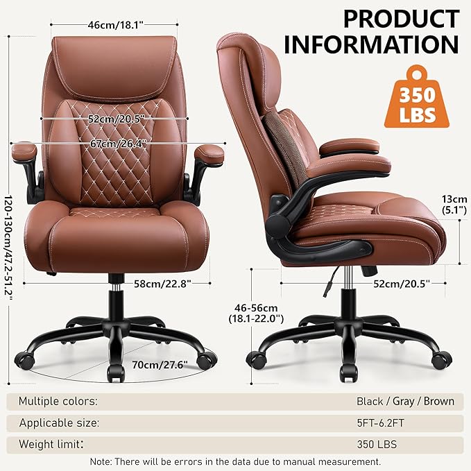 BESTFAIR Office Chair, Ergonomic Computer Desk Chairs with Lumbar Support for Lower Back Pain Relief, Executive Leather Home Chair Comfy with Padded Flip-up Armrests, Brown, 2-Pack