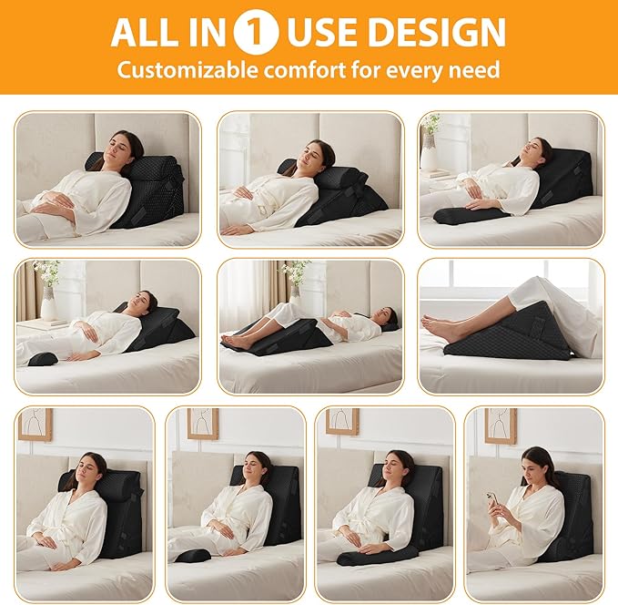 Ruqmuis 3PCS Wedge Pillow Set for After Surgery, Adjustable 9&12 Inch Bed Wedge Pillow for Sleeping, Incline Pillow Wedge for Headboard, Post Surgery, Acid Reflux, Neck&Back Support, Plush Black
