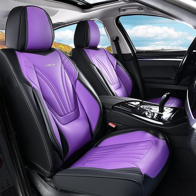 Coverado Car Seat Covers Front Seats, 2 Piece Car Seat Protector with Lumbar Support & Removable Headrest, Breathable Leather Seat Cushion Universal Fit for Truck Automotive Vehicles Purple