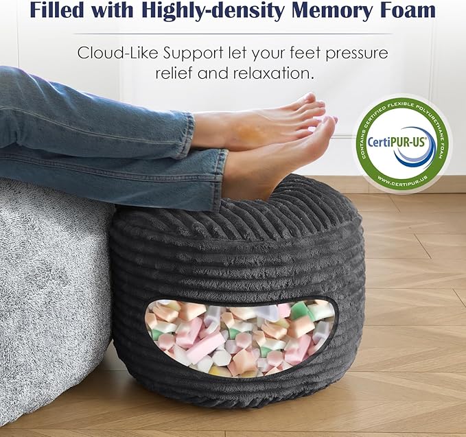 SHOUREN Stuffed Round Ottoman,Corduroy Pouf Ottoman Foot Rest with Foam Filling,Pouf Storage Ottoman Footstool for Living Room,18 X 14 Floor Poufs for Couch - 18 X 14 Inches,Dark Grey