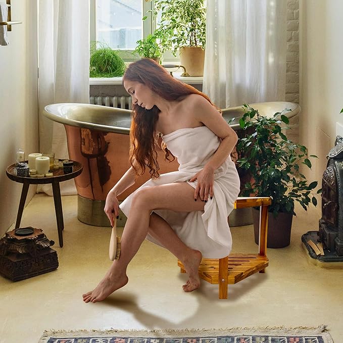 20" Corner Shower Stool for Inside Shower, Acacia Wood Shower Foot Rest for Shaving Legs with Storage Shelf, Waterproof Wooden Shower Bench Seat