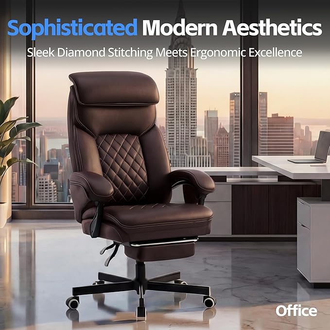 Ergonomic Executive Office Chair - Big and Tall Home Comfy Desk Gaming Chair for Adults, Heavy Duty Leather Reclining Wide Computer Chair with Foot Rest and Back Support (Brown)