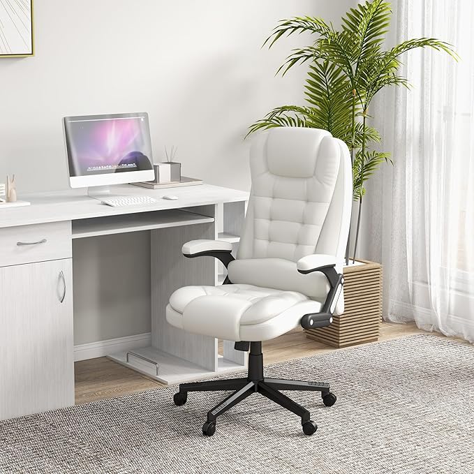 HOMCOM High Back Vibration Massage Office Chair with 6 Vibration Points, Heated Reclining PU Leather Computer Chair with Armrest and Remote, White