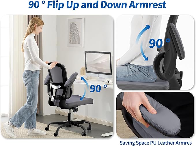 TRALT Ergonomic Office Chair - Desk Chair with Adjustable Lumbar Support Computer Chair - Mesh Comfy Chair with Flip-up Armrests - Gaming Chairs for Adults Home Office (PU Leather, Dark Grey)