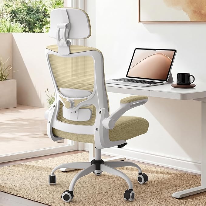Office Chair, Ergonomic Mesh Desk Chair with Adjustable Lumbar Support and Headrest, Flip-up Armrests, High Back Computer Task Chair for Home and Executive Office (W-All Beige)