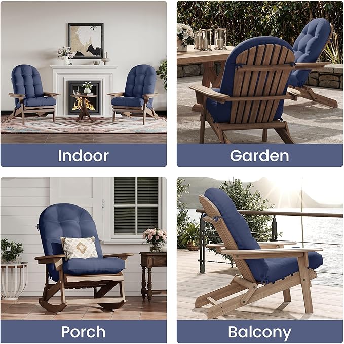 UDPATIO Adirondack Chair Cushion Set of 2 with Ties, Fade-Resistant High Back Outdoor Seat Cushions for Patio, Deck, Porch, Rocking Chairs & Lawn Furniture (Upper & Lower Lumbar Support)，Light Blue