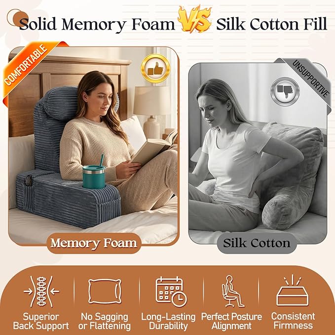 Reading Pillow/Backrest Pillow with Arms, Cup Holder & Phone Pocket - Bed Rest Pillow with Adjustable Headrest, Corduroy Fabric for Back Support in Bed/Sofa/Floor (Gray, 19 INCH)