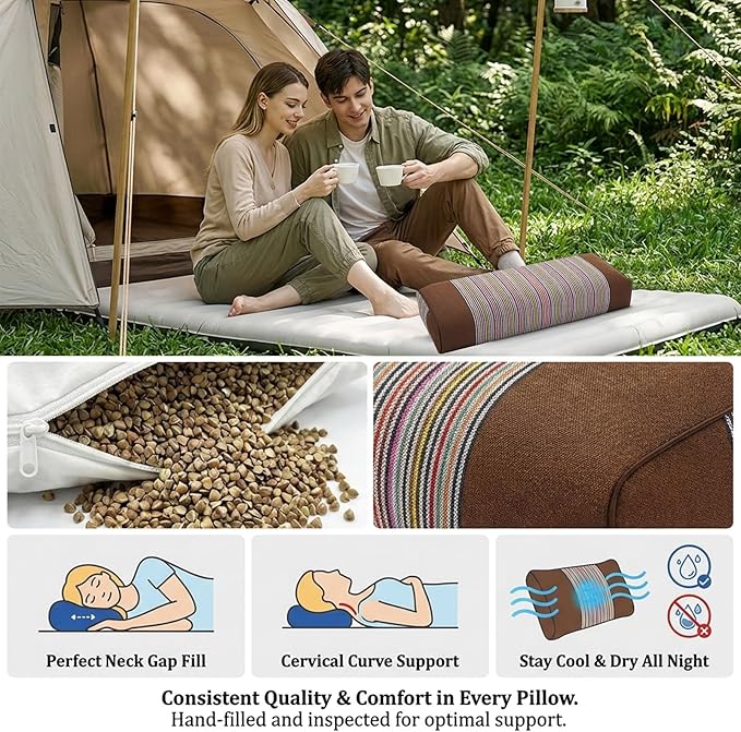 Adjustable Buckwheat Hull Pillow for Neck Pain Relief (21x8x4in) Natural Cooling Cervical Support Bed Pillow for Side & Back Sleepers with Night Sweats (Brown)