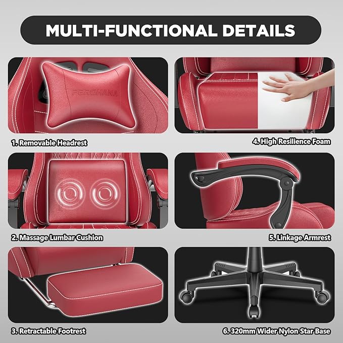 Ferghana Vintage PU Leather Gaming Chair, Ergonomic Gamer Chair with Massage, High Back Computer Office Chair with Footrest for Adults, Racing Style Reclining Video Game Chair (Red)