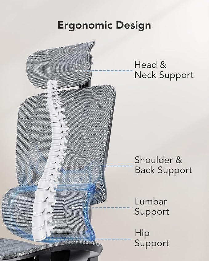 HUANUO Ergonomic Mesh Office Chair with 5-Level Lumbar Support, Computer Gaming Chair with Adjustable Headrest & Armrests, Rocking Tilt, Comfortable High Back Desk Chair for Home Office,6 Pack