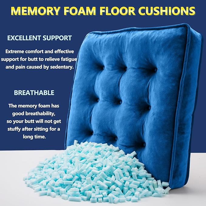 1 MIDDLE ONE Floor Pillow Set of 2, Memory Foam Meditation Cushion, Floor Cushions for Adults Sitting, Large Square Seat Cushions for Yoga, Couch, Sofa, Kids, Living Room, 22x22 Inch (Navy Blue)