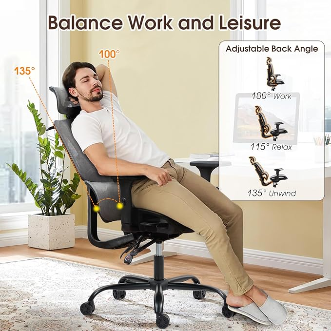 ECOTOUGE Ergonomic Office Chair, High Back Mesh Computer Chair with Lumbar Support, Adjustable Headrest & 3D Armrests, Reclining Desk Chair for Home, Gaming Chair for Adults, 330LBS Capacity, Grey
