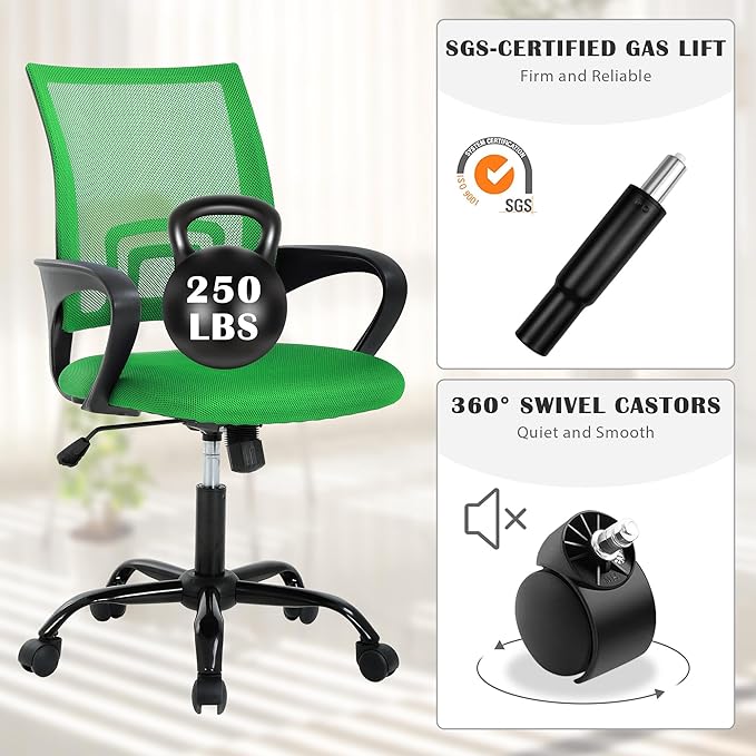 MKDLUFEI Office Chair, Ergonomic Cheap Desk Chair with Lumbar Support, Adjustable Mid Back Task Rolling Swivel for Home Office Student, Adults,Study, Green