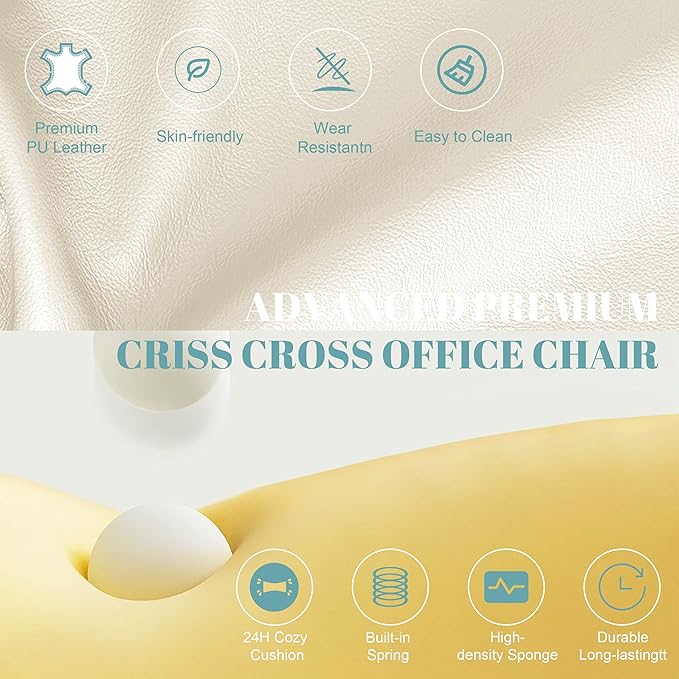 Big and Tall Office Chair, Flip Armrests Criss Cross Office Chair, Reclining Desk Chair with Foot Rest, Adjustable Headrest, Massage Waist Pillow Cross Legged Wide Seat Vanity Chair, PU Leather White
