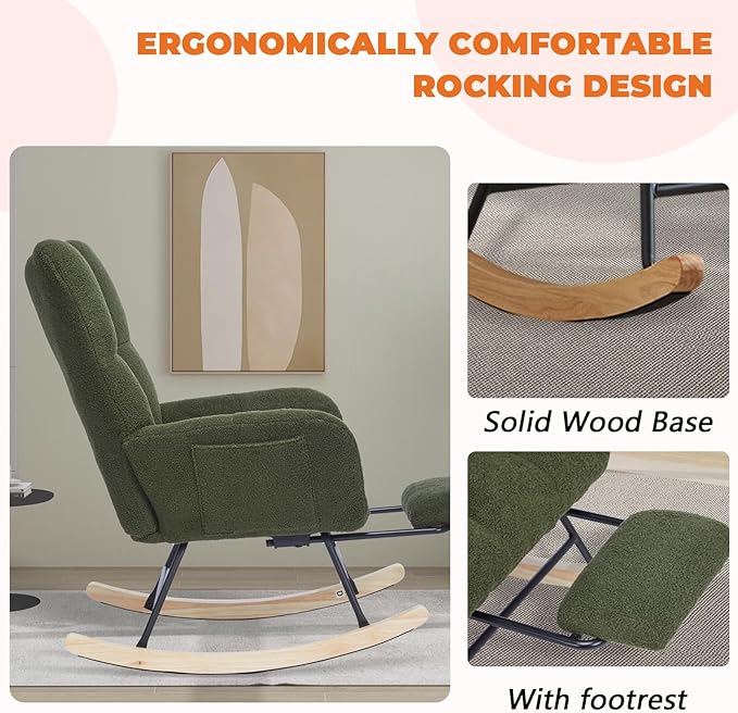Rocking Chair Nursery with Foot Rest,Upholstered Glider Chair with High Backrest, Rocker Accent Armchair with Solid Wood Legs for Nursery Bedroom Living Room（Dark Green）