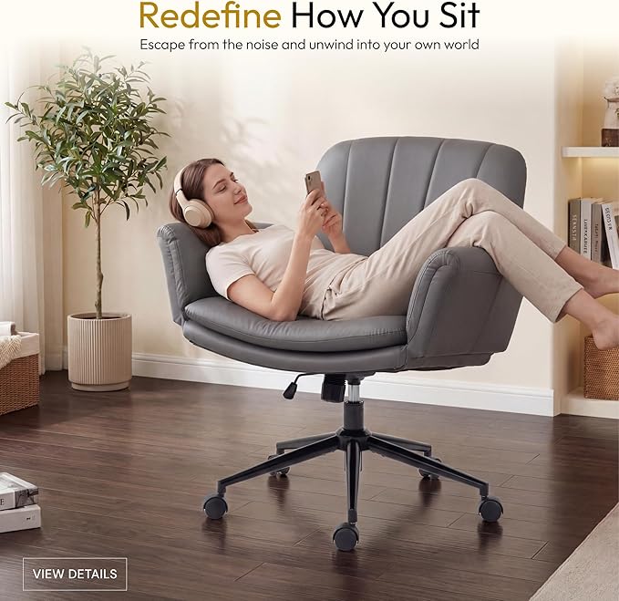 Dowinx Criss Cross Chair with Five-Level Adjustable Arms and Wheels - Comfortable Ergonomic PU Leather Swivel Vanity Chair - Computer Makeup Gaming Chair for Home Office, Bedroom, Vanity Room (Grey)
