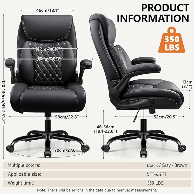 BESTFAIR Office Chair, Ergonomic Computer Desk Chairs with Lumbar Support for Lower Back Pain Relief, Executive Leather Home Chair Comfy with Padded Flip-up Armrests, Black, 6-Pack