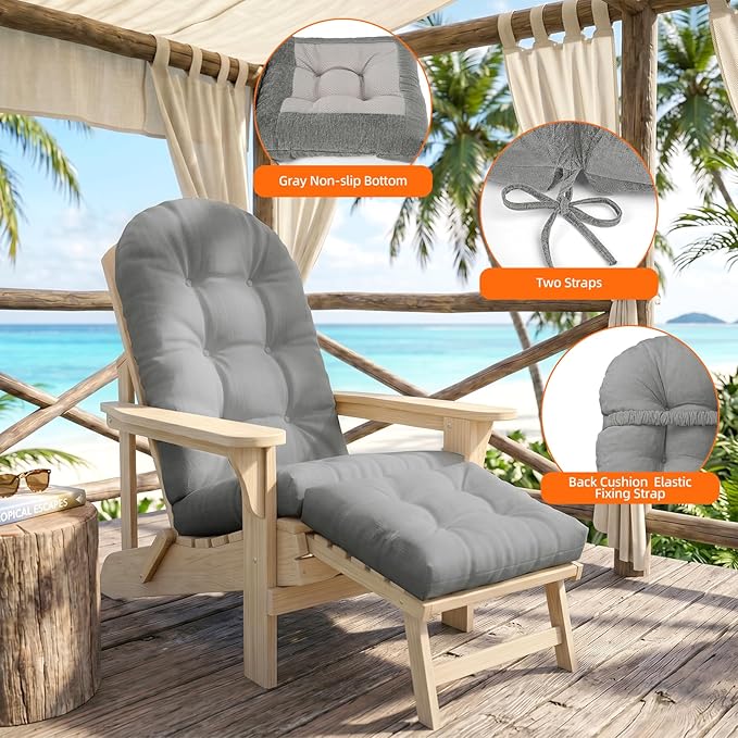 Adirondack Chair Cushion Set - Soft Chenille 2-Piece Seat & Ottoman Pad, Tufted Non-Slip Design, High-Density Foam Nursery Glider Cushions, All-Season Indoor/Outdoor Rocker Comfort,Light Grey