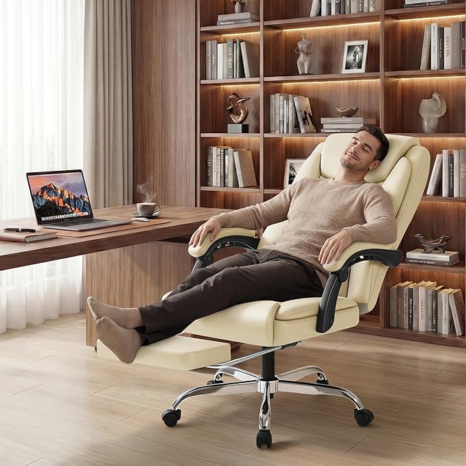 Shahoo Big and Tall Office Chair Height Adjustable Faux Leather Chair with Footrest and Lumbar Support, Ergonomic High Back Computer Chair with 360° Swivel Wheels Task Chairs for Office Home, Beige