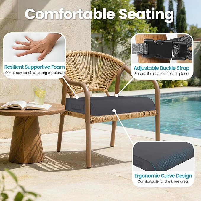 TasticTotes Patio Chair Cushions - Set of 2, Waterproof Outdoor Seat Cushions with Adjustable Straps and Handles, Fade-Resistant Chair Pads for Outdoor Furniture, Garden, Beach (24" x 24" x 4", Grey)